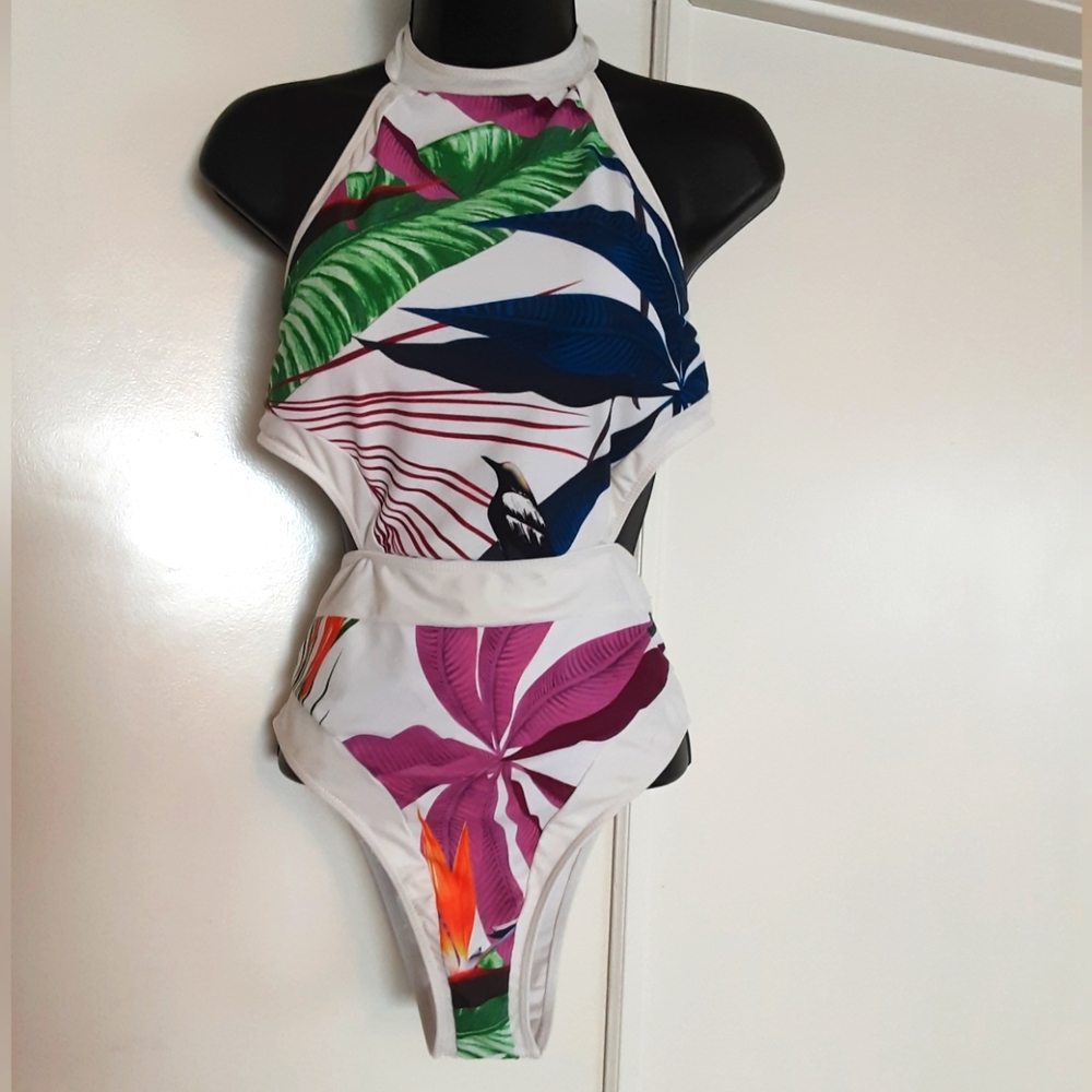 White one piece Swim Suit with Tropical Colors